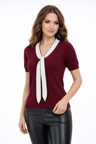 Kadın Triko Kısa Kol Bluz 12935 BGL-ST05310 BORDO - M/L