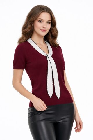 Kadın Triko Kısa Kol Bluz 12935 BGL-ST05310 BORDO - M/L
