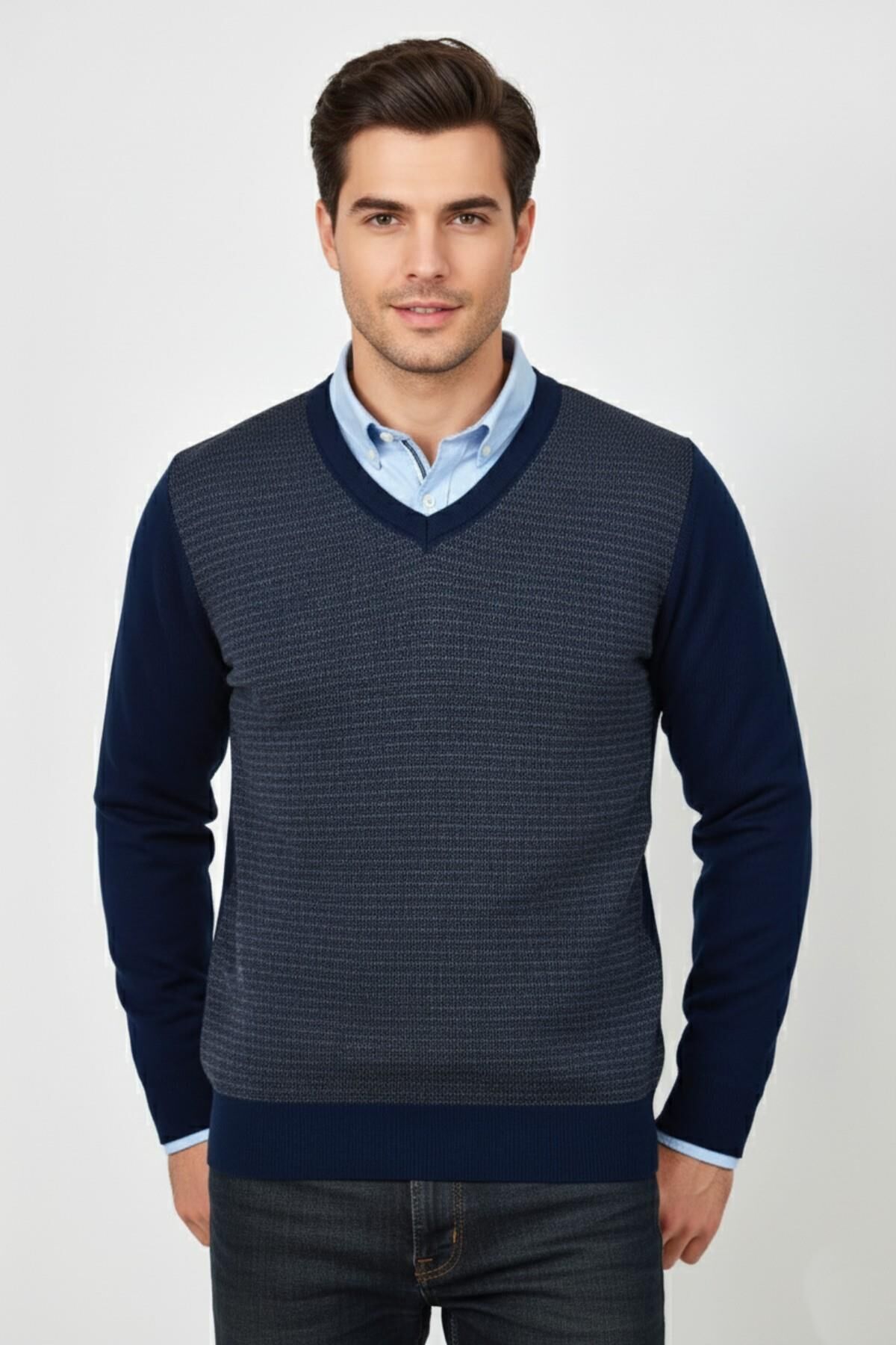 Erkek V Yaka Triko Kazak Çelik Örgü Regular Kalıp BGL-ST04838 İNDİGO - 2XL