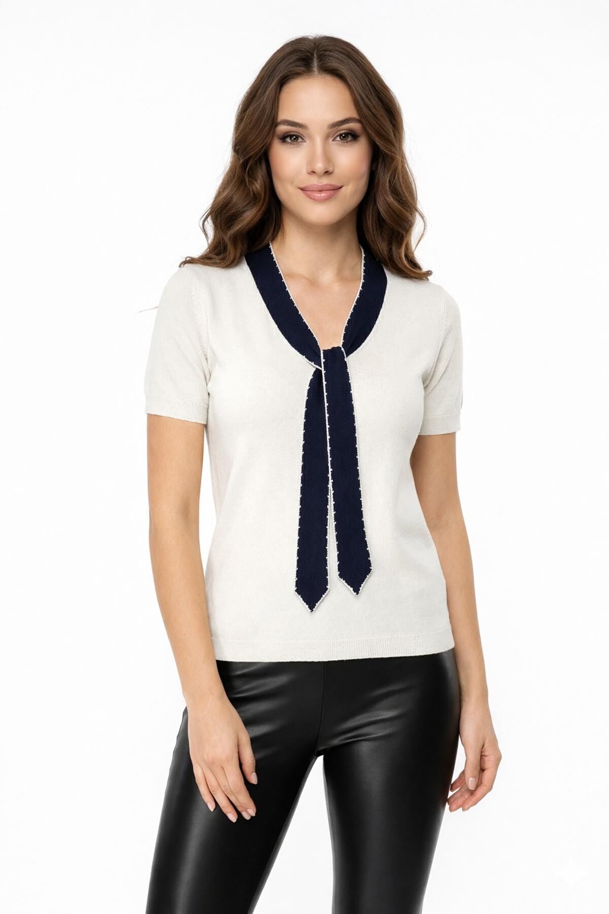Kadın Triko Kısa Kol Bluz 12935 BGL-ST05310 KREM - M/L