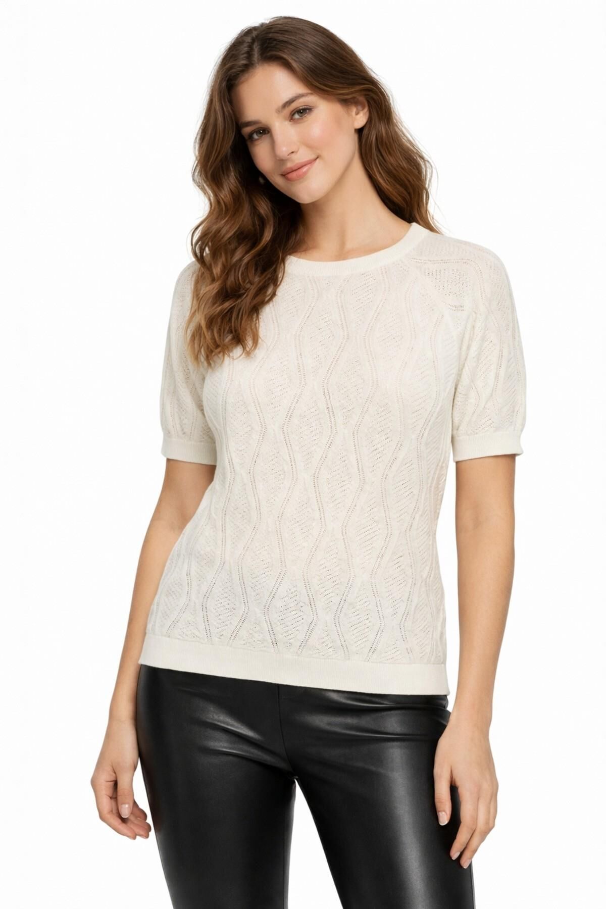 Kadın Triko Kısa Kol Bluz 12845 BGL-ST05308 BEYAZ - M/L