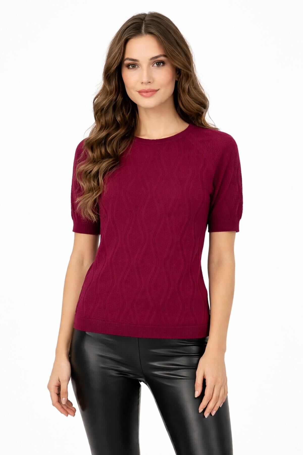 Kadın Triko Kısa Kol Bluz 12845 BGL-ST05308 BORDO - M/L