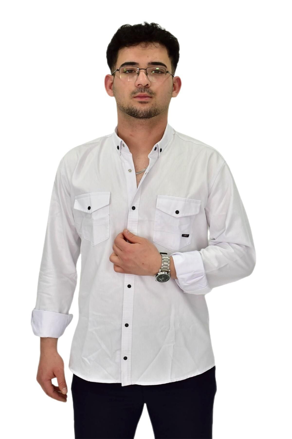 Erkek Spor Likralı Gömlek BGL-ST04343 BEYAZ - XL