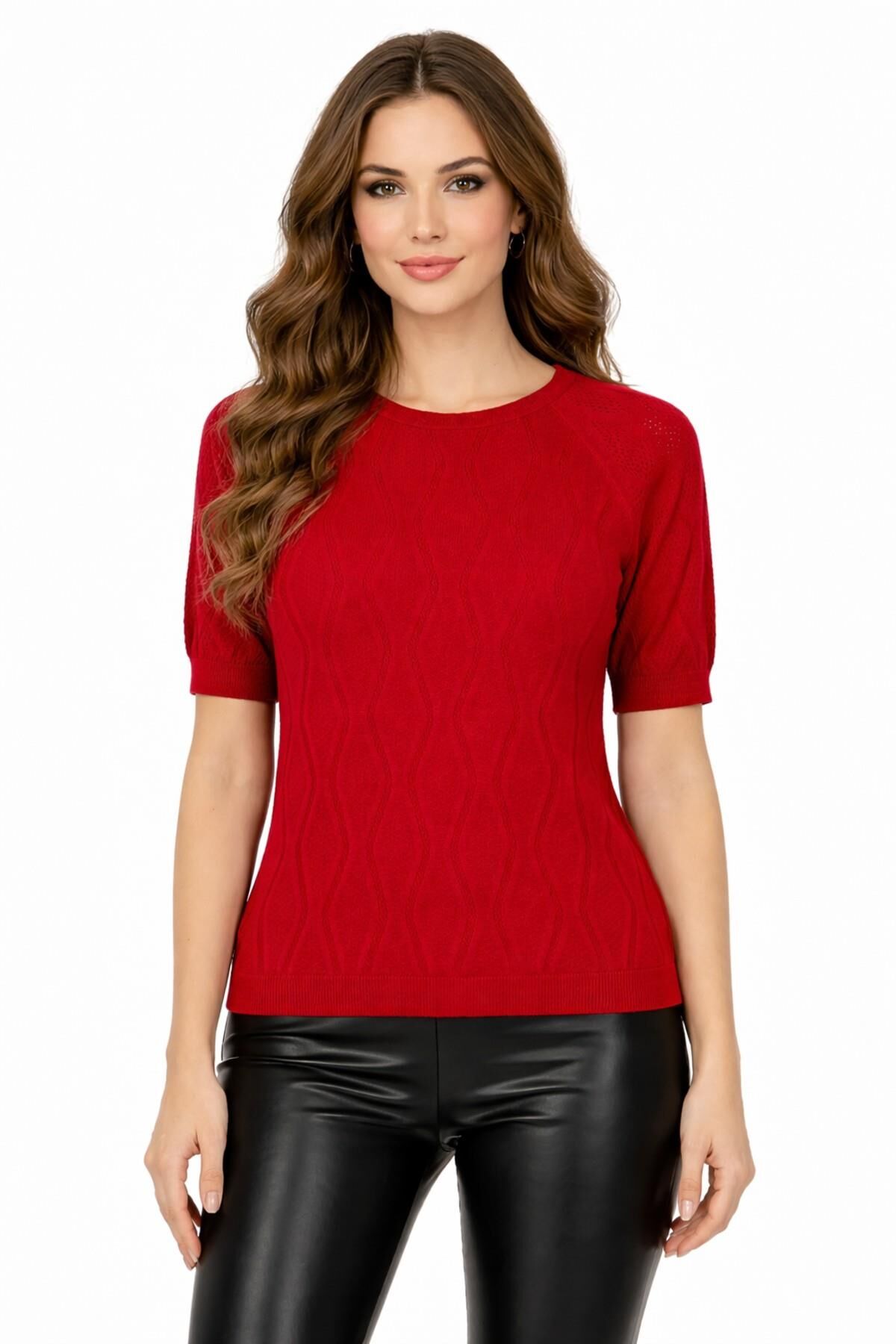 Kadın Triko Kısa Kol Bluz 12845 BGL-ST05308 KIRMIZI - M/L