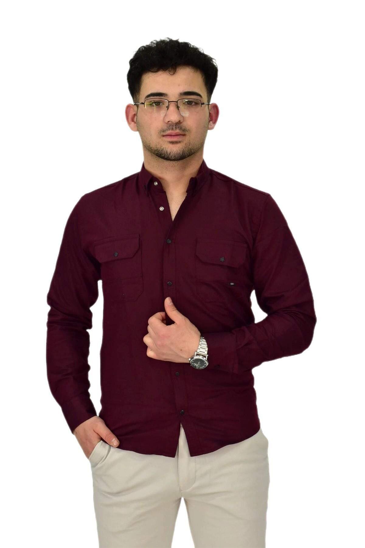 Erkek Spor Likralı Gömlek BGL-ST04343 BORDO - 2XL