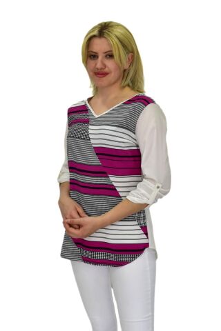 Kadın V Yaka Krep Bluz RY16982 KREM - 40