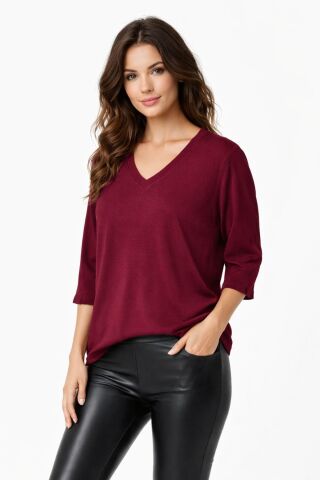 Kadın Triko Kısa Kol Bluz 12945 BGL-ST05312 BORDO - M/L
