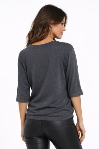 Kadın Triko Kısa Kol Bluz 12945 BGL-ST05312 FÜME - M/L
