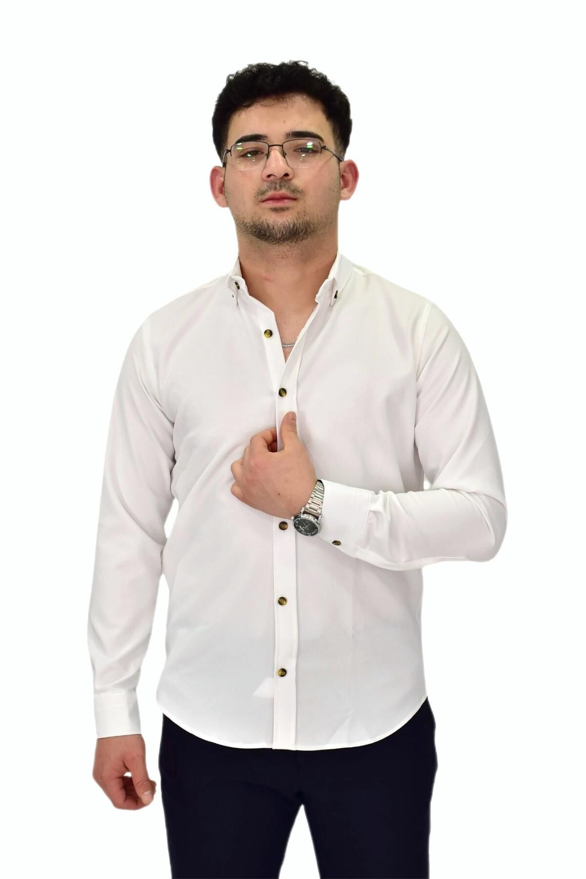 Erkek Likralı Spor Silim Fit Gömlek BGL-ST04326 BEYAZ - 2XL