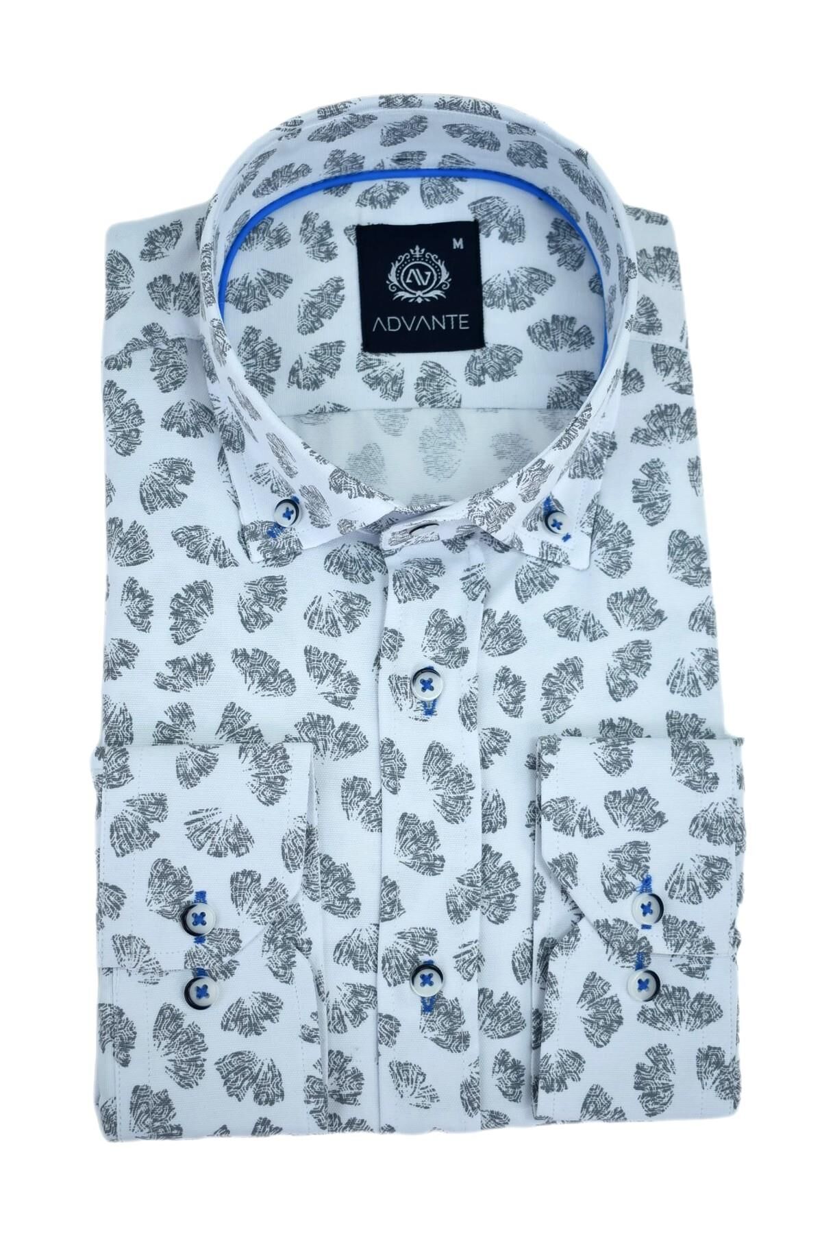 Erkek Silim Fitt Yaprak Baskılı Uzun Kol Gömlek BGL-ST02980 GRİ - 2XL