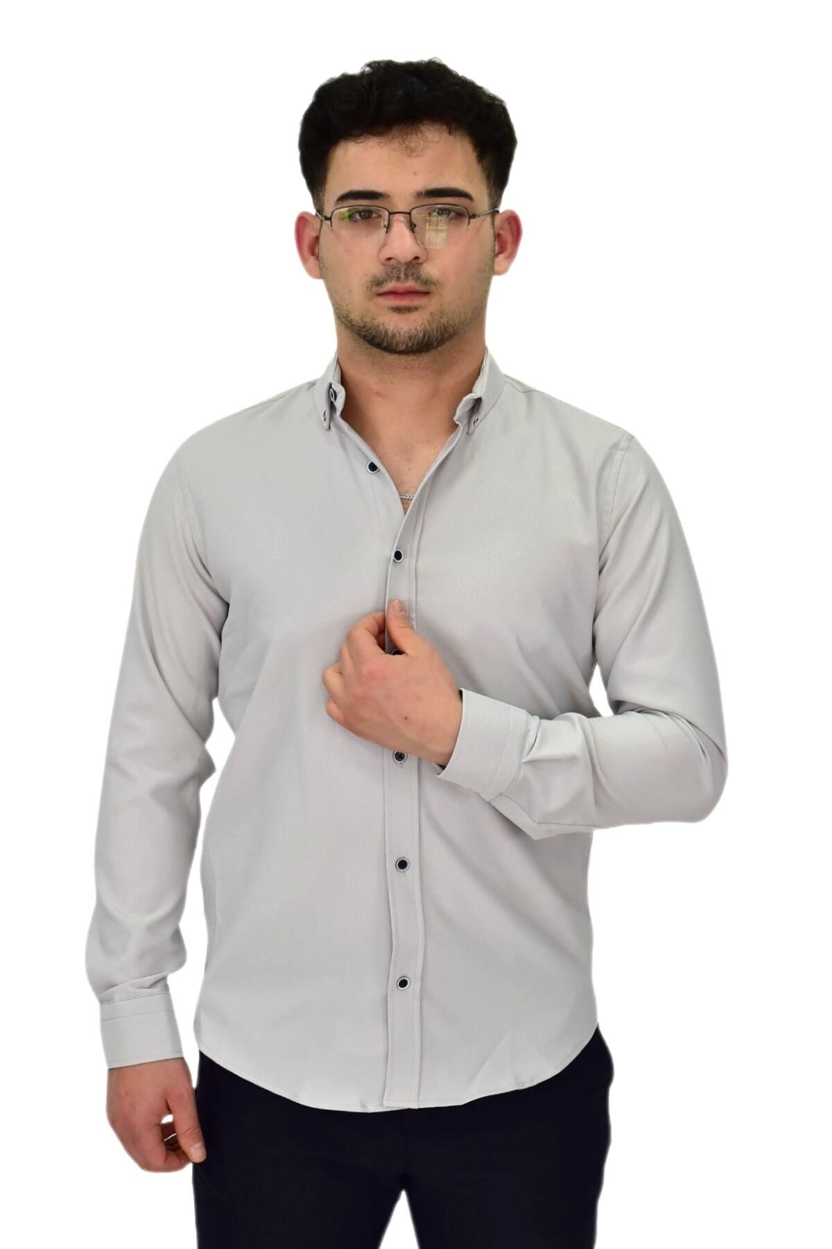 Erkek Likralı Spor Silim Fit Gömlek BGL-ST04326 GRİ - M