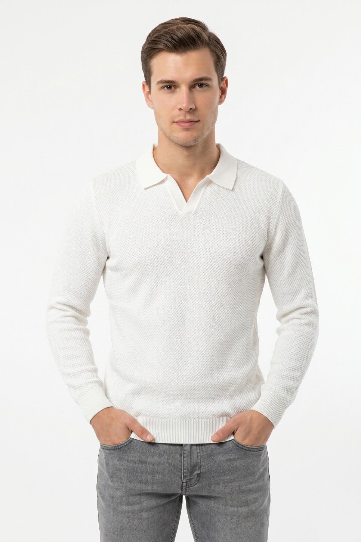 Erkek Spor Polo Yaka Mevsimlik Kazak BGL-ST05444 BEYAZ - XL