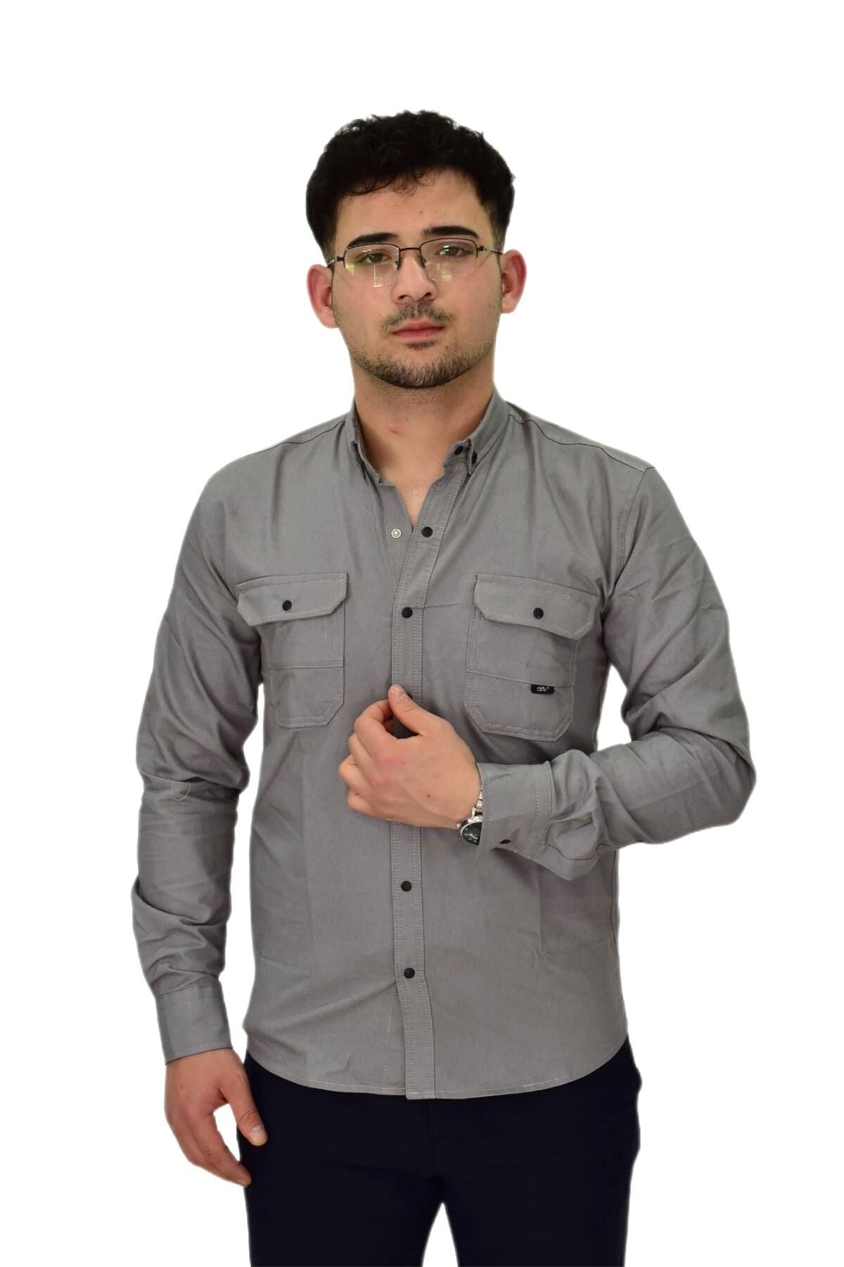 Erkek Spor Likralı Gömlek BGL-ST04343 GRİ - 5XL