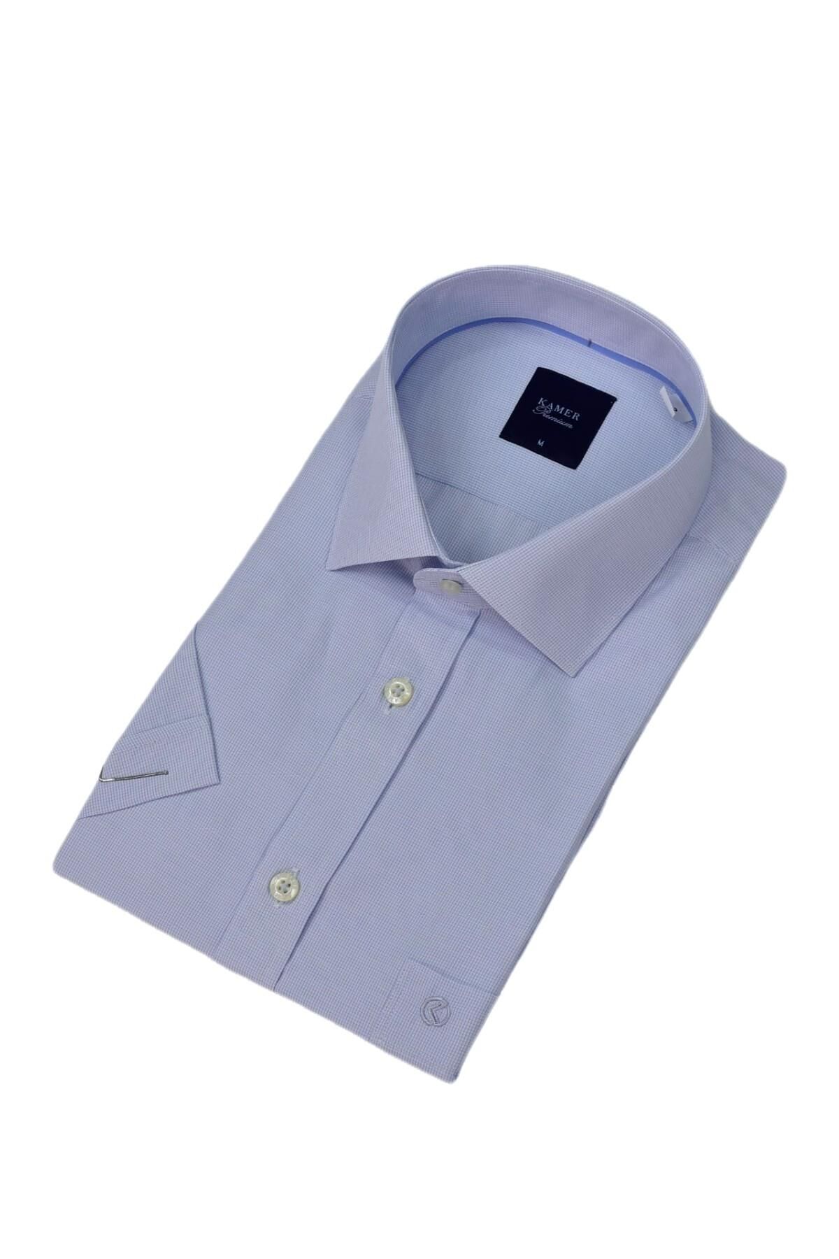 Erkek Klasik Kuşgözü Desen Kısa Kol Gömlek 9404 BGL-ST04573 BUZ.MAVİ - S