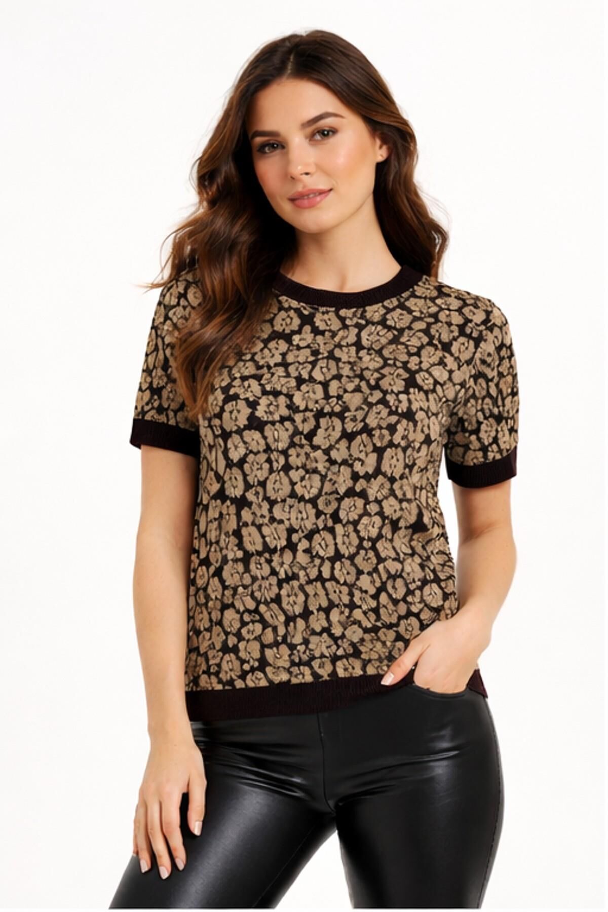 Kadın Triko Kısa Kol Bluz 12937 BGL-ST05314 KAHVE - M/L
