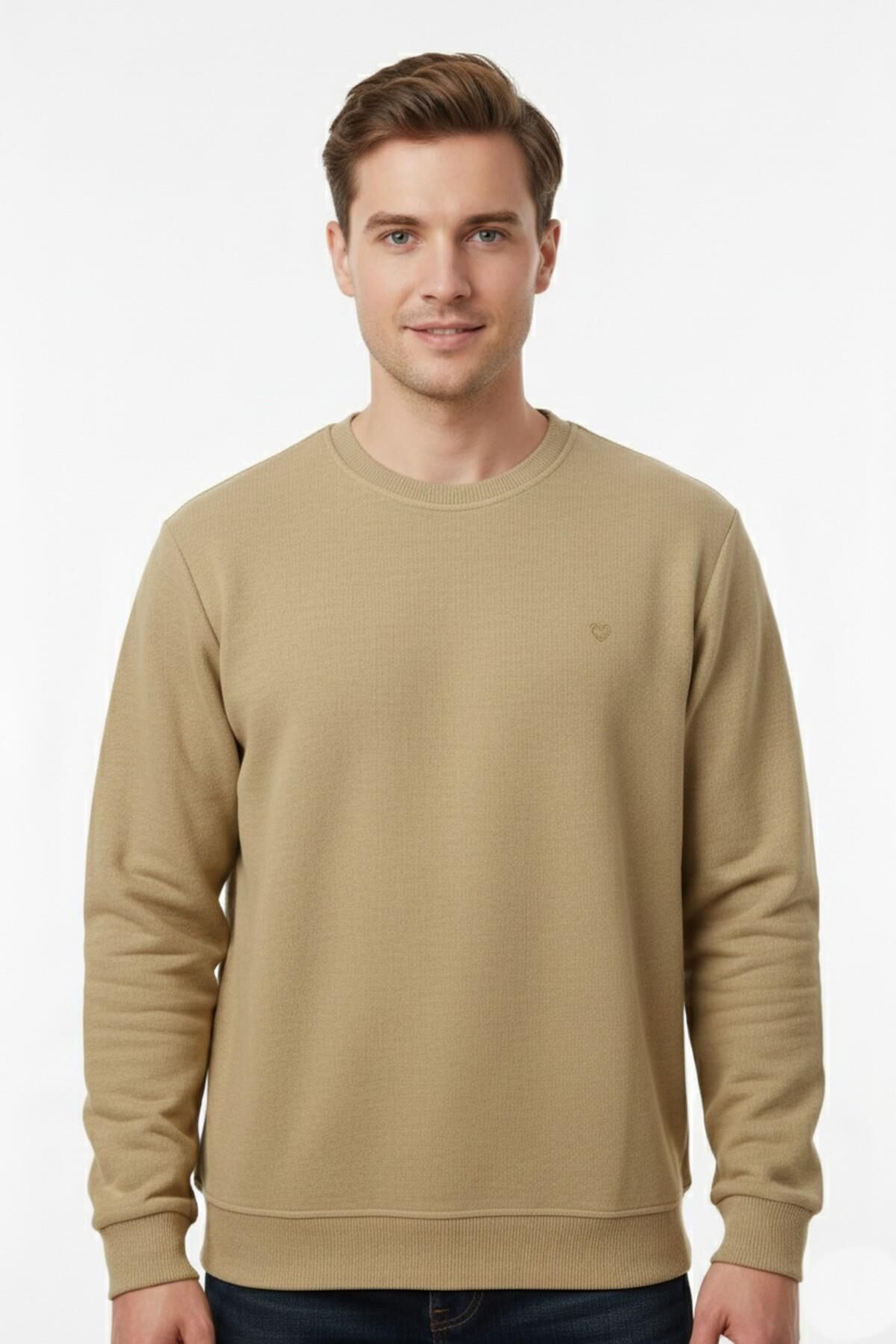 Erkek Büyük Beden Sıfır Yaka Selanik Sweatshirt BGL-ST04927 BEJ - 4XL