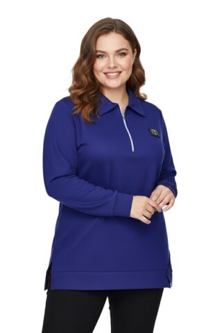 Kadın Polo Yakalı Önü Fermuarlı Bluz BGL-ST05088 İNDİGO - XL