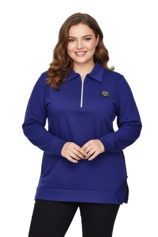 Kadın Polo Yakalı Önü Fermuarlı Bluz BGL-ST05088 İNDİGO - 3XL