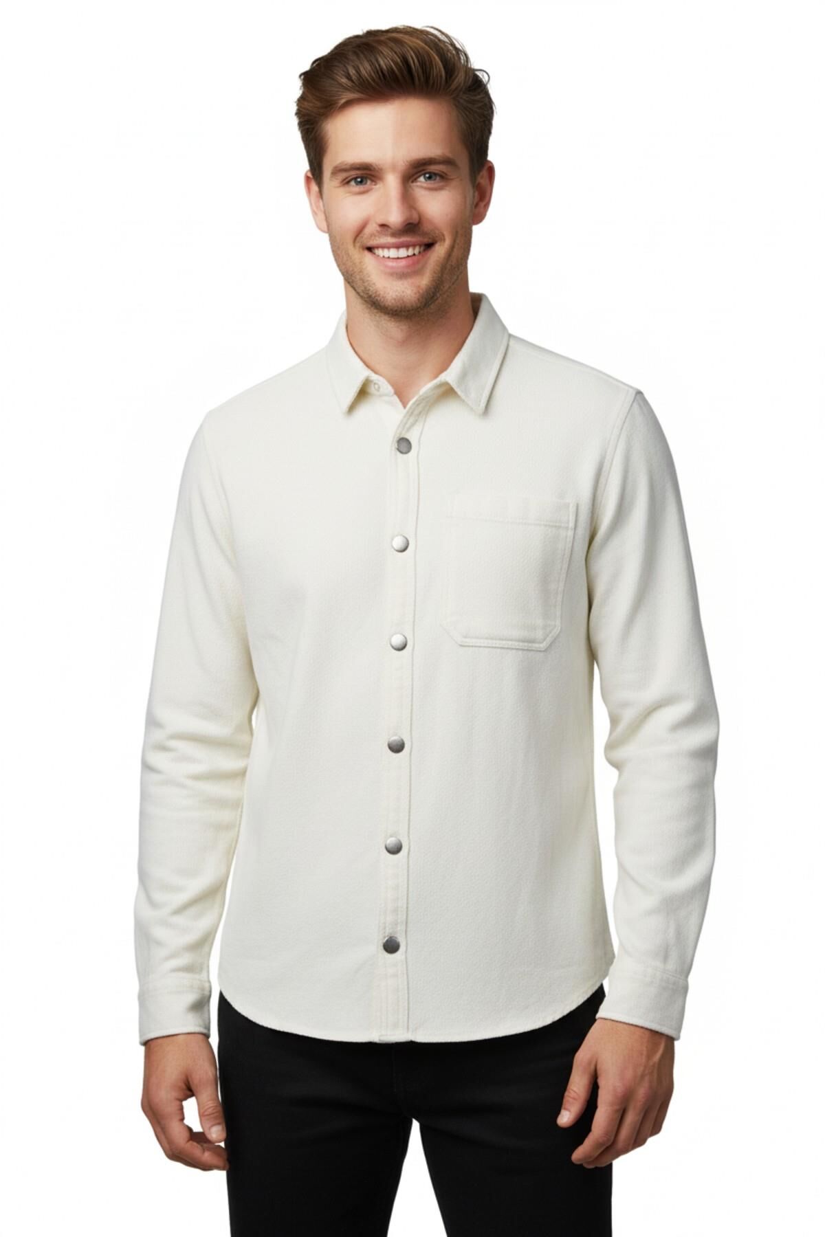 Erkek Spor Silim Fit Kanvas Tek Cepli Gömlek BGL-ST04955 EKRU - M