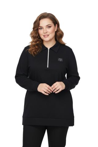 Kadın Polo Yakalı Önü Fermuarlı Bluz BGL-ST05088 SİYAH - XL
