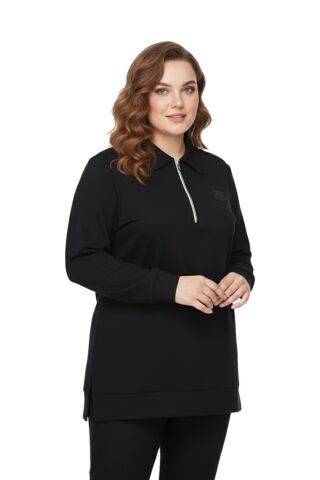 Kadın Polo Yakalı Önü Fermuarlı Bluz BGL-ST05088 SİYAH - XL