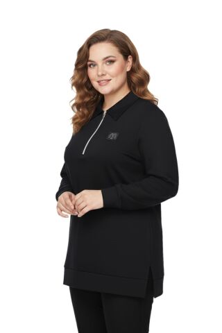 Kadın Polo Yakalı Önü Fermuarlı Bluz BGL-ST05088 SİYAH - XL