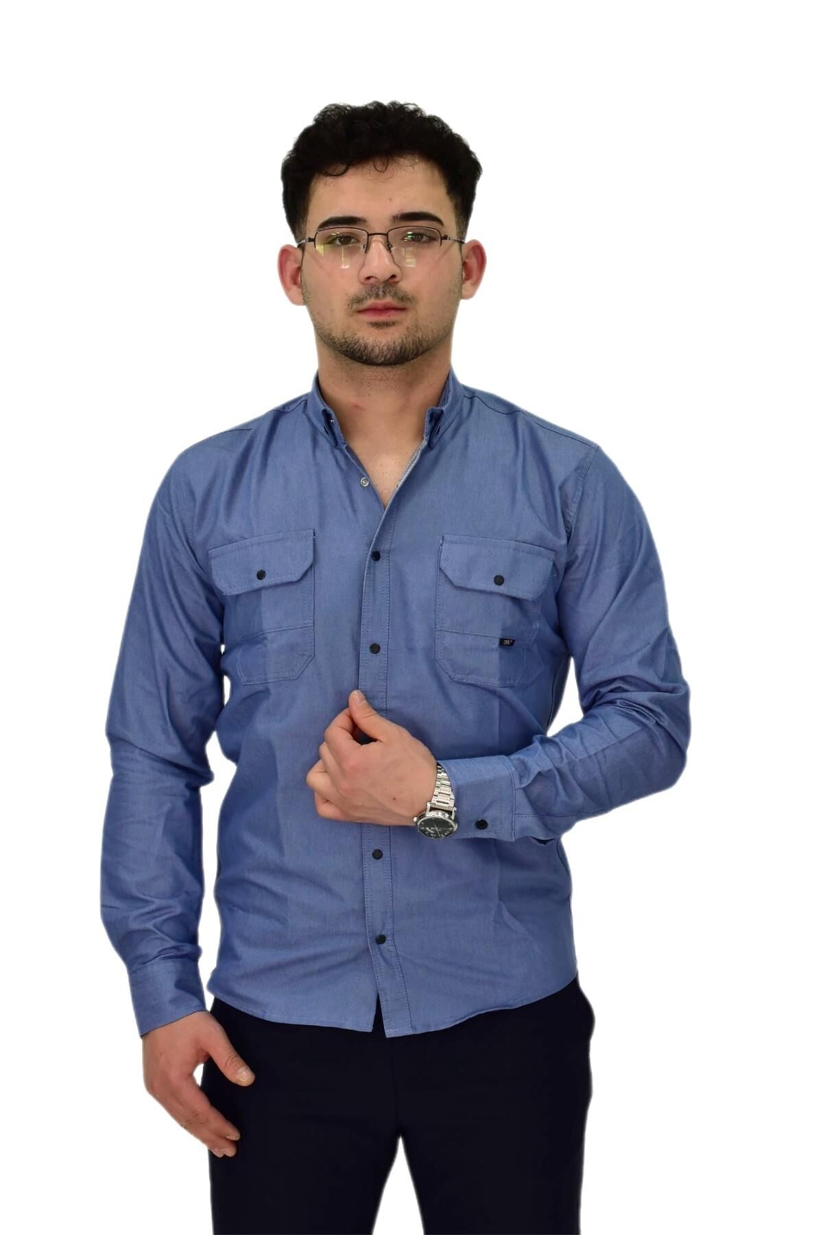 Erkek Spor Likralı Gömlek BGL-ST04343 İNDİGO - 2XL