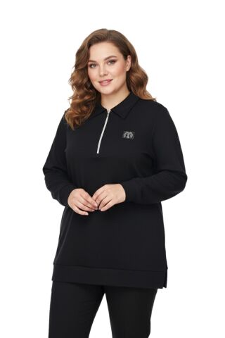Kadın Polo Yakalı Önü Fermuarlı Bluz BGL-ST05088 SİYAH - 3XL