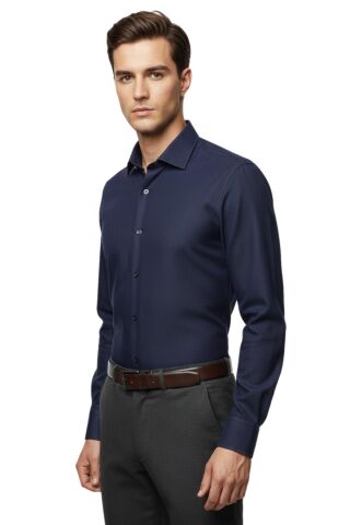 Erkek Slim Fitt Uzun Kol Petek Dokulu Gömlek 2423 BGL-ST04814 LACİVERT - L