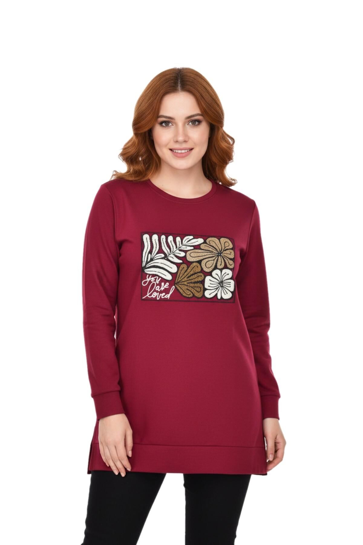 Kadın Sıfıryaka Önü Nakışlı Tunik BGL-ST05085 BORDO - XL