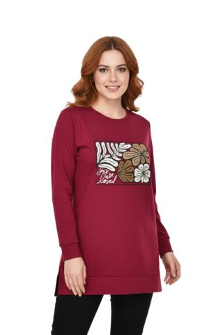 Kadın Sıfıryaka Önü Nakışlı Tunik BGL-ST05085 BORDO - XL