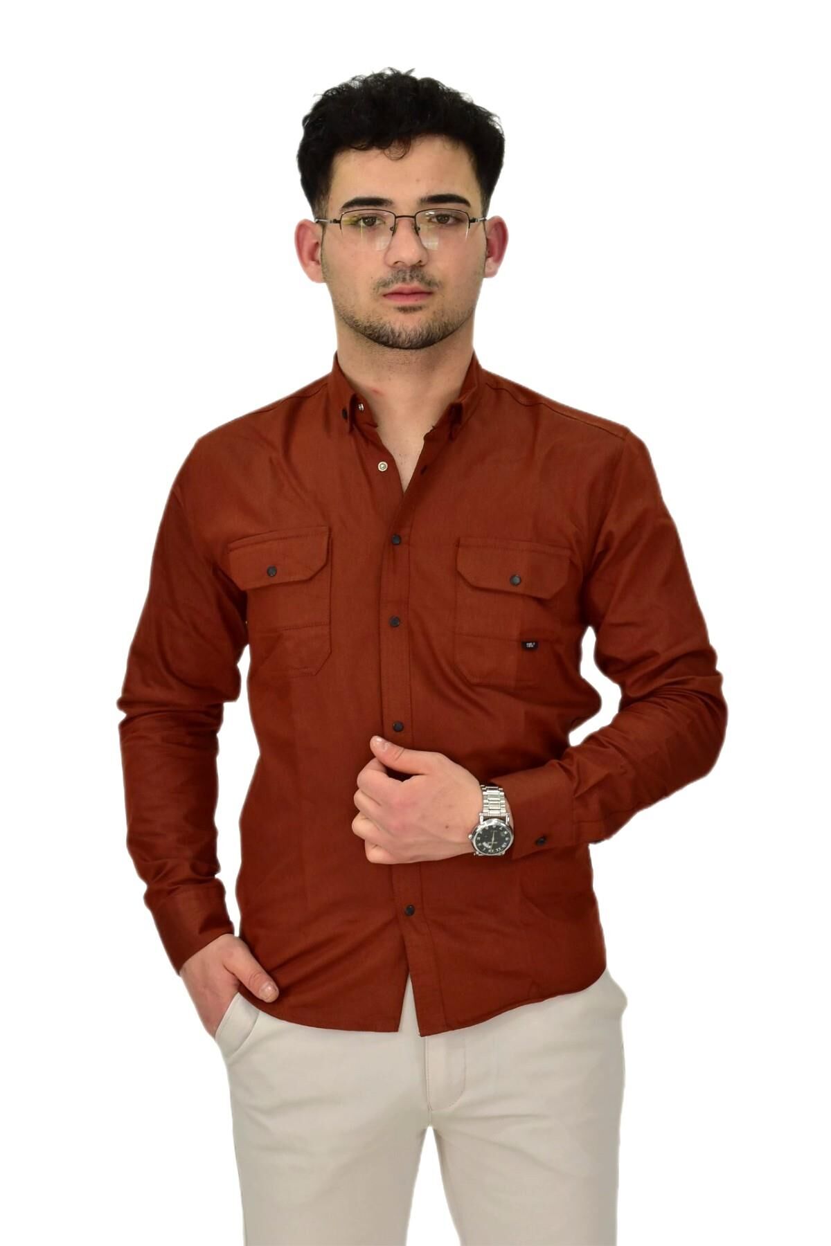 Erkek Spor Likralı Gömlek BGL-ST04343 KİREMİT - M
