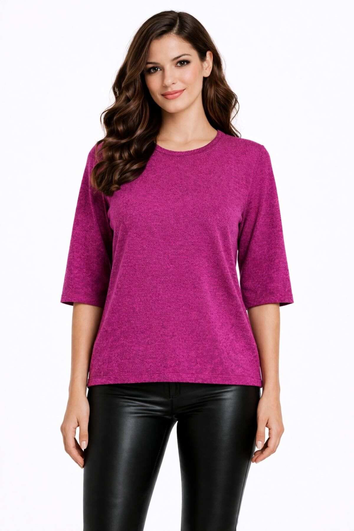 Kadın Sıfır Yaka Yaka Truva Kol Kazak 12941 BGL-ST05315 FUŞYA - M/L