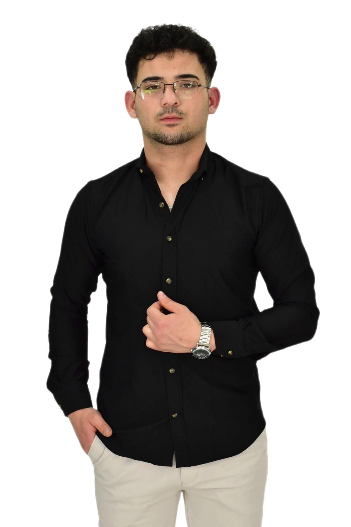 Erkek Likralı Spor Silim Fit Gömlek BGL-ST04326 SİYAH - XL