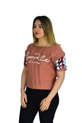 Kadın Payet Kol Pullu Bluz 19049 KİREMİT - M