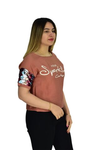 Kadın Payet Kol Pullu Bluz 19049 KİREMİT - M