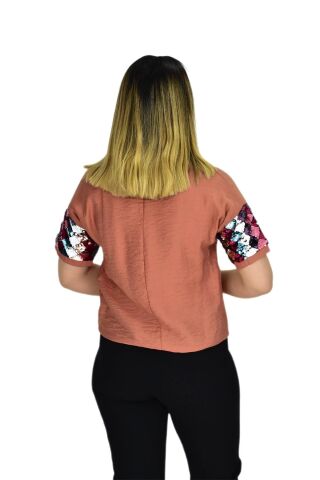 Kadın Payet Kol Pullu Bluz 19049 KİREMİT - M