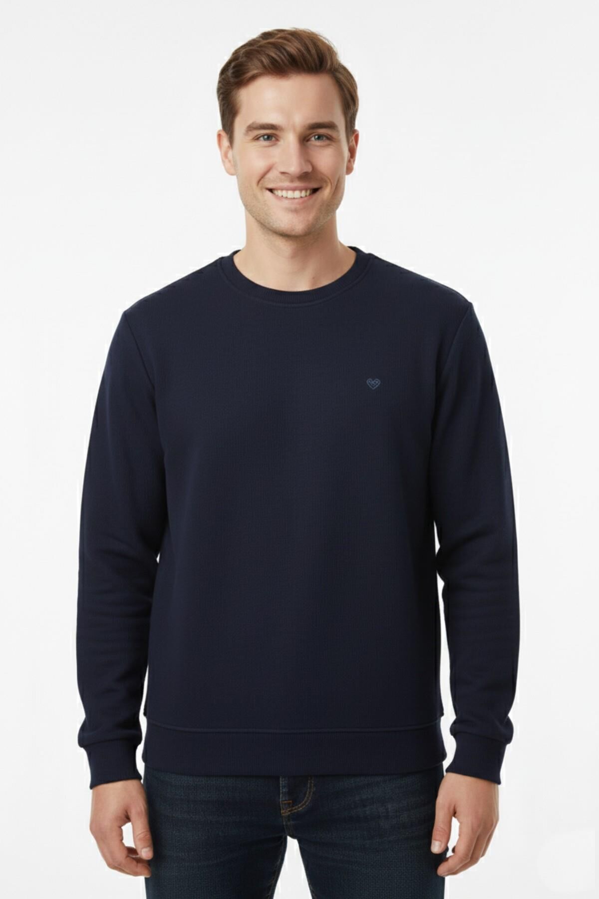 Erkek Sıfır Yaka Selanik Sweatshirt Regular Kalıp BGL-ST04926 LACİVERT - XL