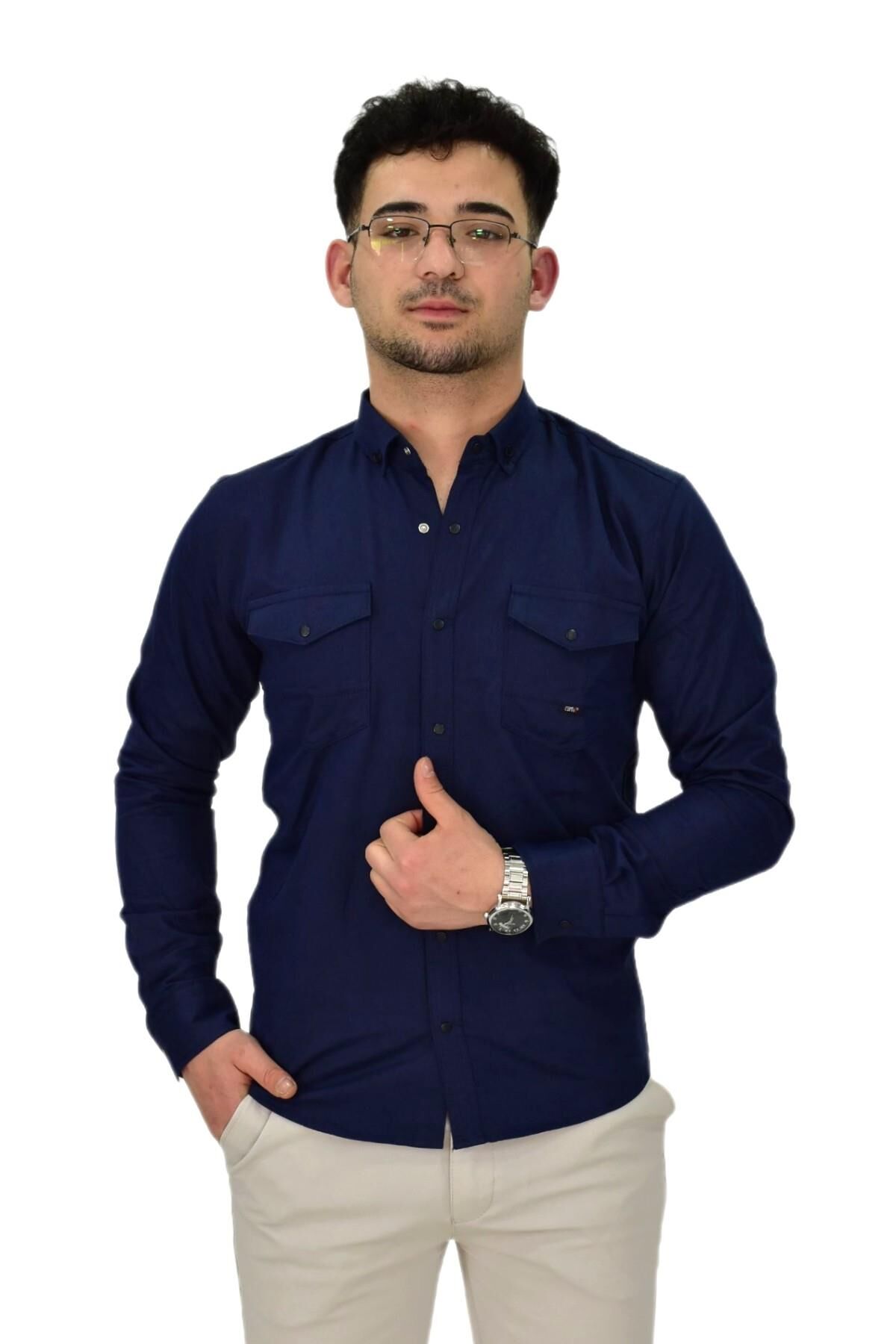 Erkek Spor Likralı Gömlek BGL-ST04343 LACİVERT - 2XL