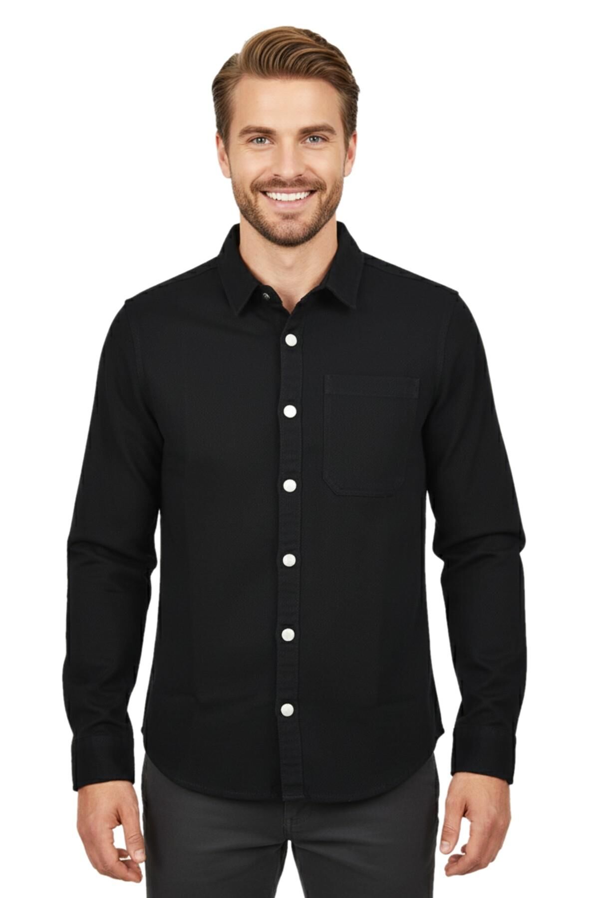 Erkek Spor Silim Fit Kanvas Tek Cepli Gömlek BGL-ST04955 SİYAH - XL