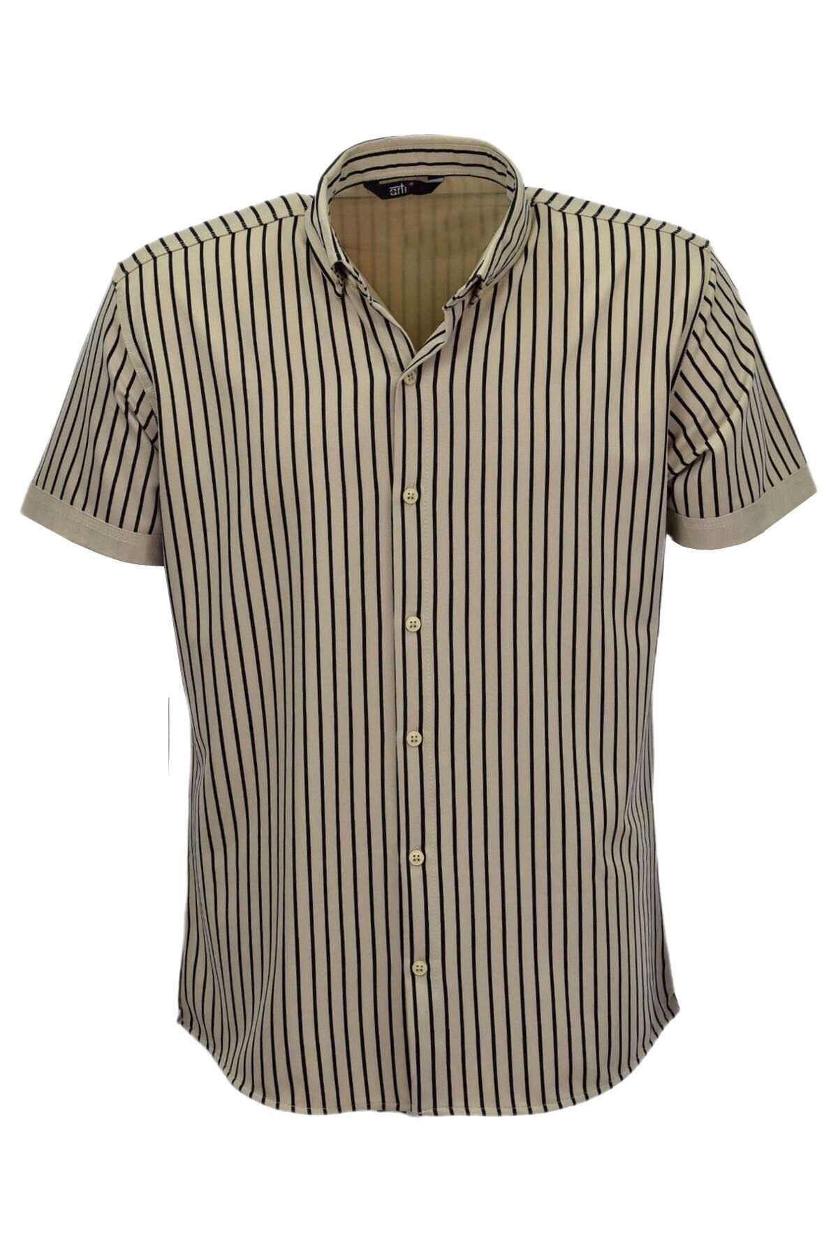 Erkek Spor Likralı Çizgili Gömlek 0037 BGL-ST03847 BEJ - L