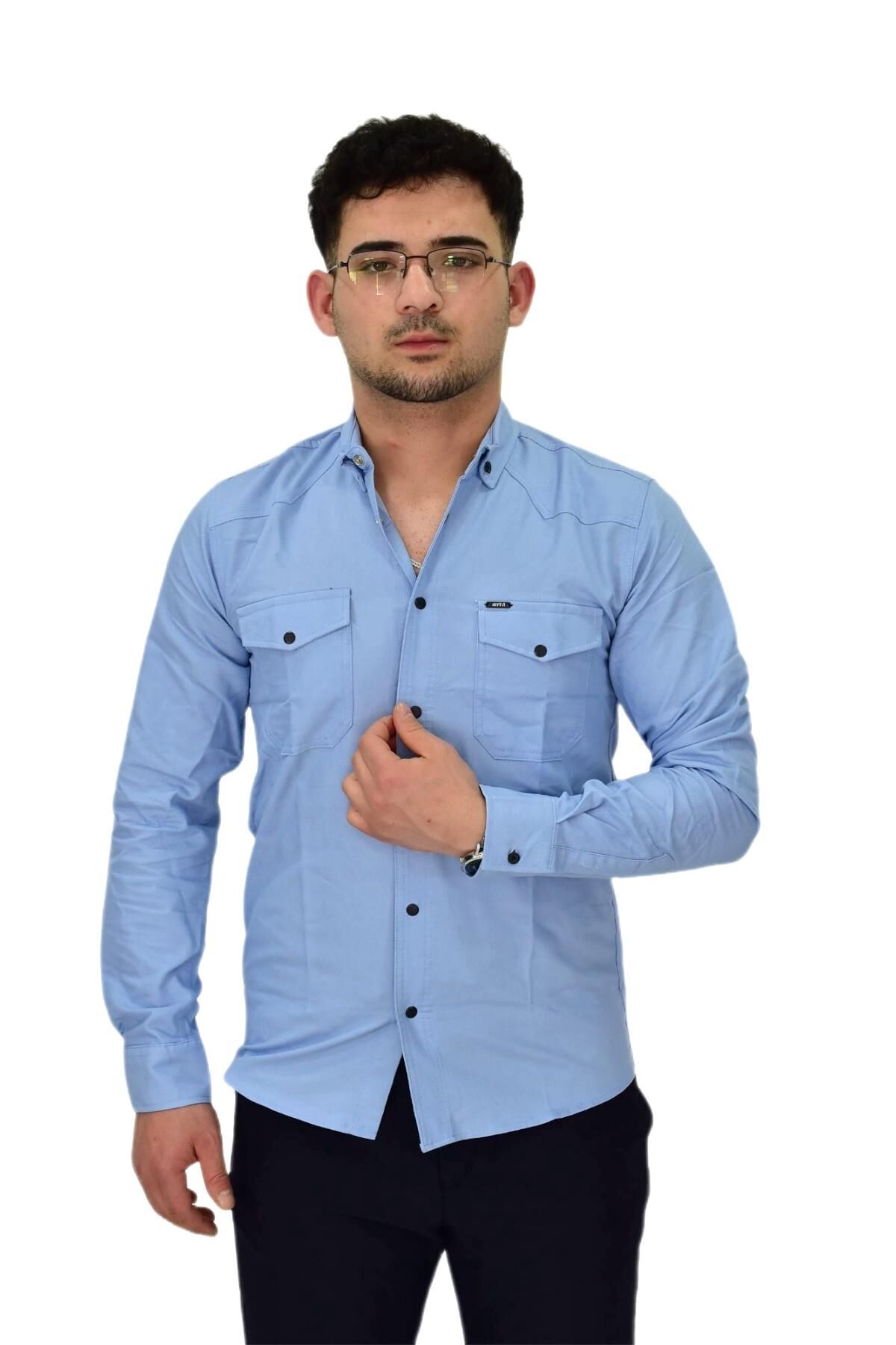 Erkek Spor Likralı Gömlek BGL-ST04343 MAVİ - M