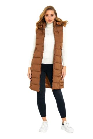 Kadın Kapüşonlu Uzun Yelek 5003 BGL-ST01646 TABA - S