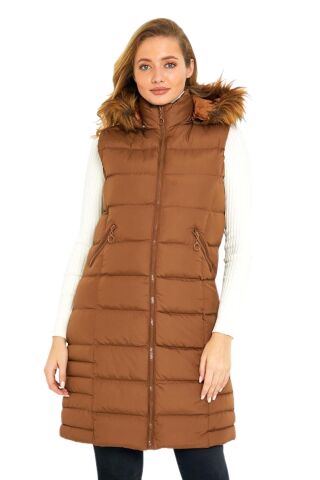 Kadın Kapüşonlu Uzun Yelek 5003 BGL-ST01646 TABA - S