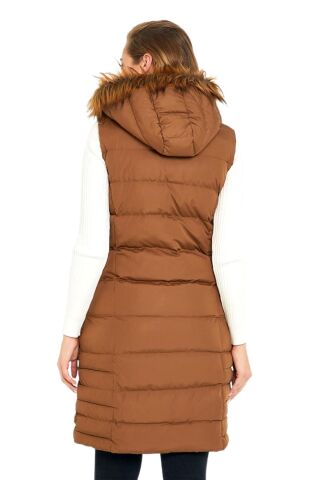 Kadın Kapüşonlu Uzun Yelek 5003 BGL-ST01646 TABA - XL