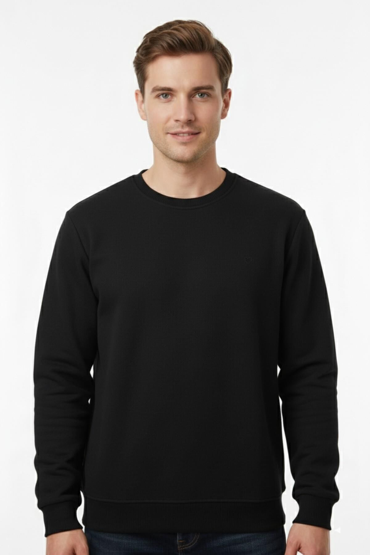 Erkek Sıfır Yaka Selanik Sweatshirt Regular Kalıp BGL-ST04926 SİYAH - 2XL
