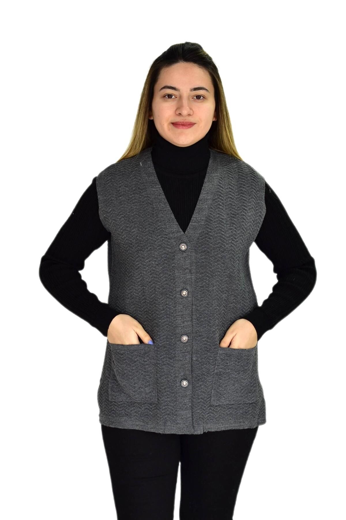 Kadın Cepli Triko Yelek BGL-ST03343 FÜME - M