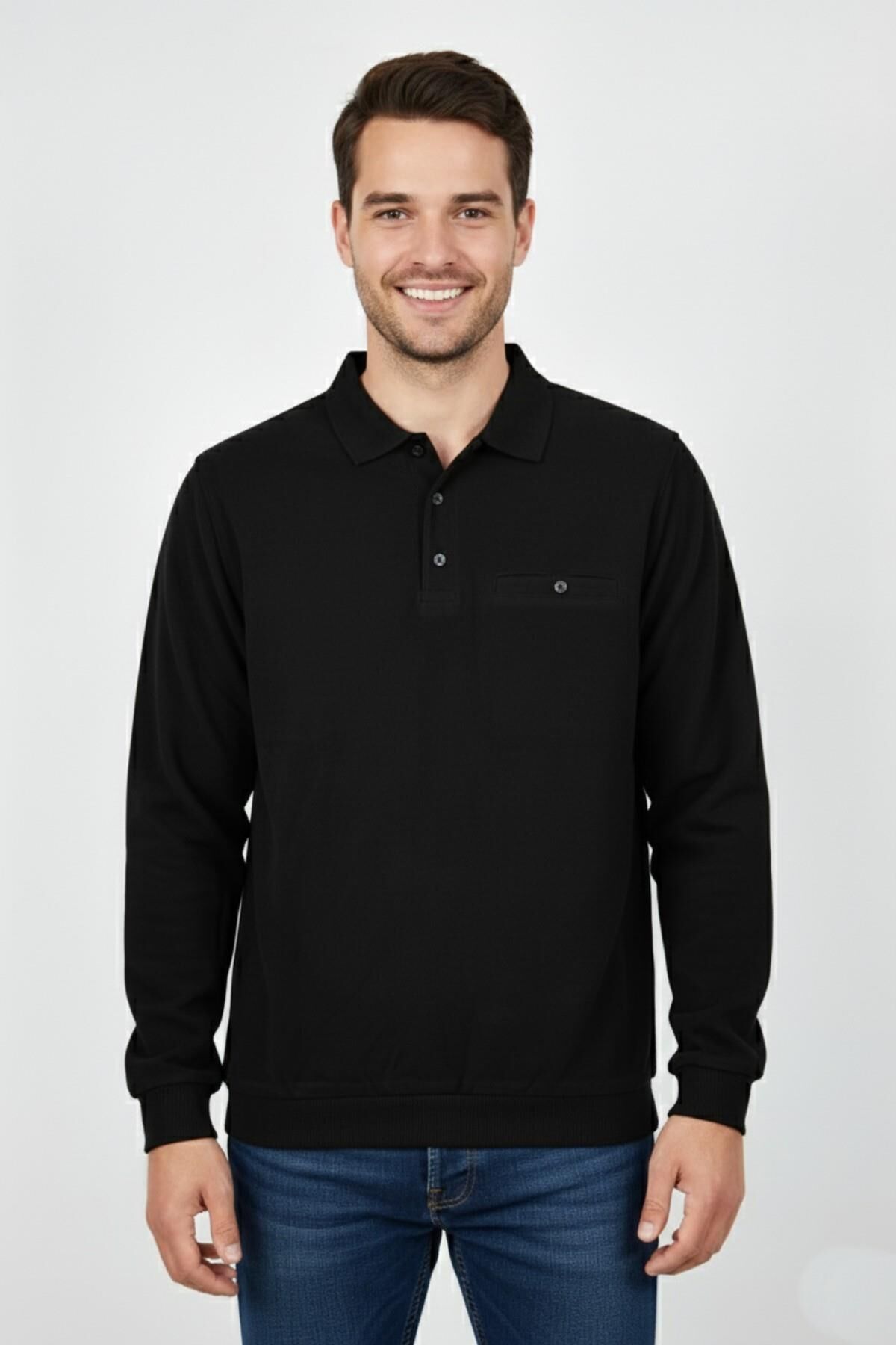 Erkek Polo Yaka Cepli Selanik Sweatshirt Regular Kalıp BGL-ST04923 SİYAH - L