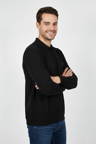 Erkek Polo Yaka Cepli Selanik Sweatshirt Regular Kalıp BGL-ST04923 SİYAH - L