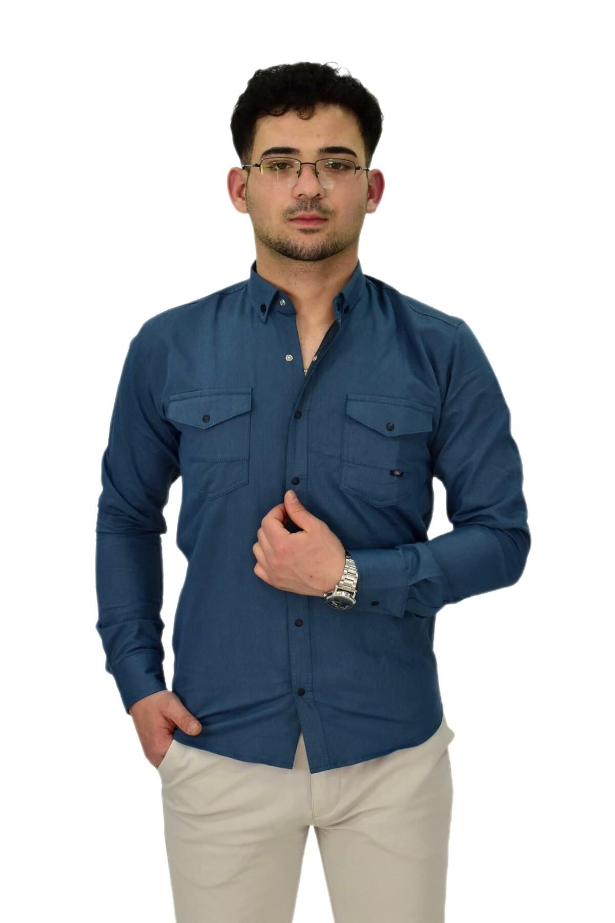 Erkek Spor Likralı Gömlek BGL-ST04343 PETROL - 2XL